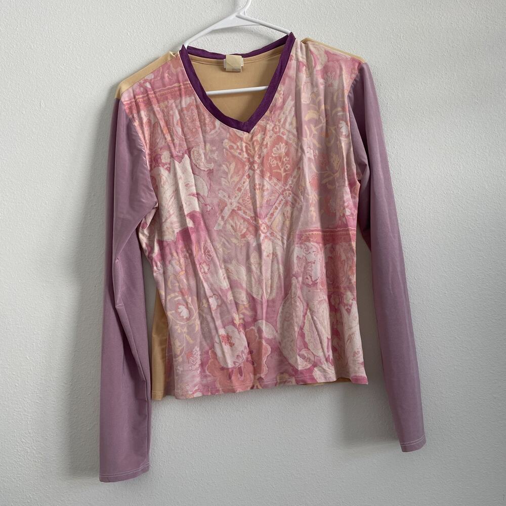 Y2K Jacques Top V Neck Pink Paisley Long Sleeve Artsy Whimsy Size Large Relaxed‎